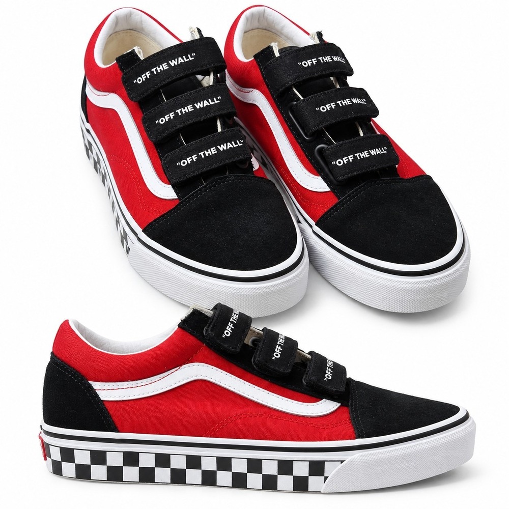 VANS Old Skool V 'Logo Pop' Sneaker Men/9 Wmn/10.5 Black/Red/White Check Skater
